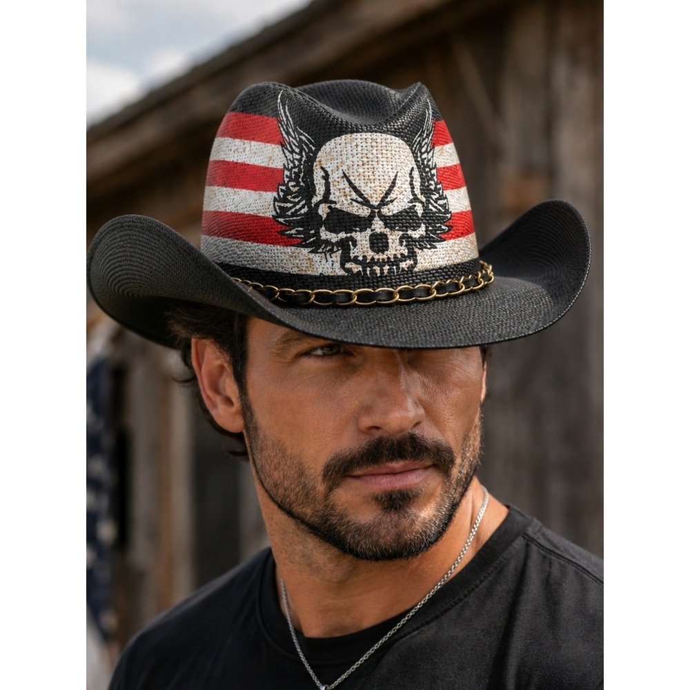 USA Flag Skull Wing Toyo Black Western Cowboy Hat Gold Chain Band Shapeable Brim